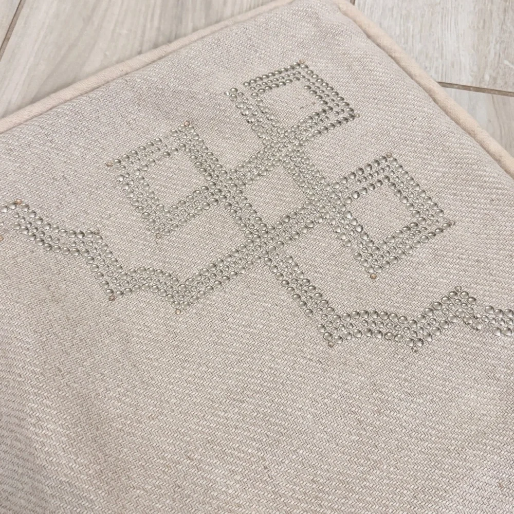 MICHELLE HATCH Beige Studded Embellished Square Linen Blend Pillow Cover 20”X20”